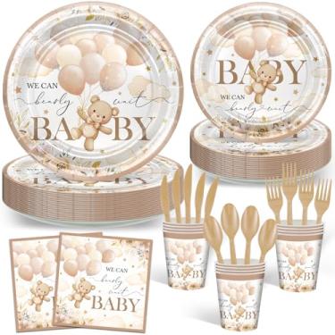 Imagem de Avezano 168 peças de decoração de chá de bebê urso marrom pratos guardanapos conjunto de utensílios de mesa We Can Bearly Wait Baby Shower Supplies, serve 24