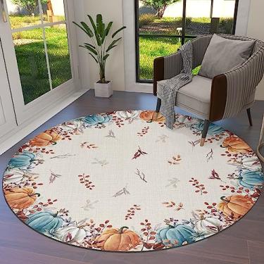 Imagem de Tapete redondo de outono, 1,2 m, outono, colheita, abóbora, tapete para área interna, tapete à prova de manchas para sala de estar, jantar, cozinha, quarto, berçário, azul, branco, laranja, folhas de