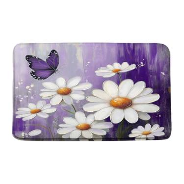 Imagem de Tapete de banho floral rústico para casa de fazenda, roxo, margarida, borboleta, prancha, madeira, vintage, botânico, estético, tapete para cozinha, banheiro