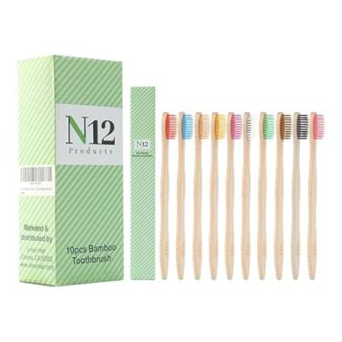 Imagem de N12 – Pacote familiar com 10 escovas de dentes de bambu | Bristol multicolorido sem BPA | Cuidados bucais ecológicos, biodegradáveis e sustentáveis