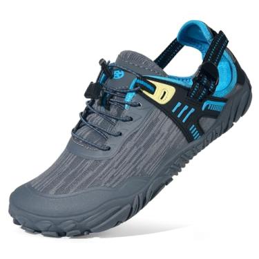 Imagem de Eagsouni Tênis Descalço Minimalista Feminino E Masculino, Largura Ampla, Solado Zero Drop, Sem Cadarço, Esportivo, Academia, Corrida, Trilha, Caminhada, Casual Com Alças Ajustáveis, Cinza E Azul, 42