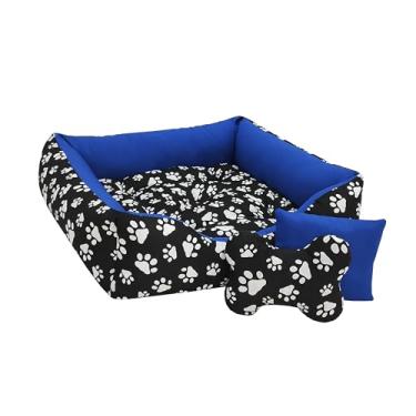Imagem de Cama Para Cachorros/Tamanhos, P .M. G (Vai CAPA COM ZÍPER Para a Almofada Central e Com Brinquedos que são uma amlfadinhas e um ossinho) (Preto e Azul, Pequeno)