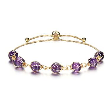 Imagem de PESOENTH Pulseira de cura de cristal de ametista, envolta em fio de ouro 14 K, contas de pedra roxa natural, ansiedade, ioga, medititaion, pulseira espiritual para mulheres, Vidro, Cristal,