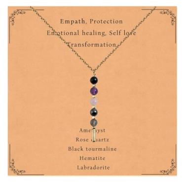 Imagem de Gracayfr Colar de cristal de cura com proteção Empath, turmalina preta, hematita, quartzo rosa, ametista labradorita, cristal espiritual, colar com contas de pedra natural, joias presentes para