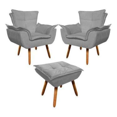 Imagem de Kit 2 Poltrona + Puff Opala Decorativa Suede Cinza - King Lar