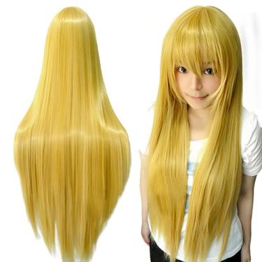 Imagem de IMISSU Perucas de cosplay de cabelo natural longo e reto com franja colorida fantasia de Halloween peruca de festa para menina (Amarelo)