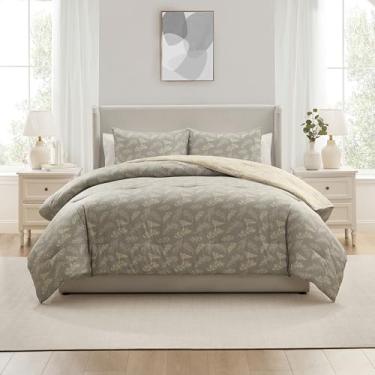 Imagem de Nestl Conjunto de edredom Queen cinza em uma bolsa, 3 peças, reversível, conjunto de cama floral macio, edredom botânico para todas as estações com fronhas