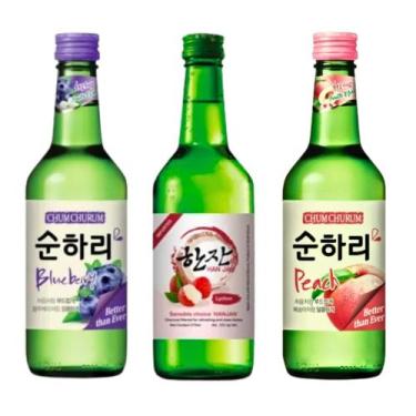Imagem de Kit com 3 Soju Bebida Coreana Blueberry, Lichia e Pêssego 360ml - Lott
