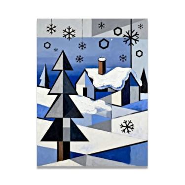 Imagem de LKXGRRSFG Pine BlocksImpressão em tela natalina inspirada em cubistas, decoração de parede moderna de férias com linhas ousadas para sala de estar 80 x 120 cm sem moldura