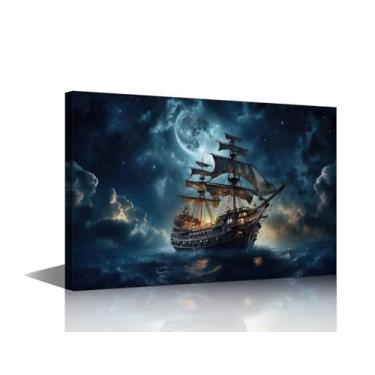 Imagem de 1 peça de arte de parede vintage navio pirata navio fantasma pirata pintura de parede quadros de arte navio pirata decorações náuticas para casa para sala de estar e banheiro emoldurado pronto para