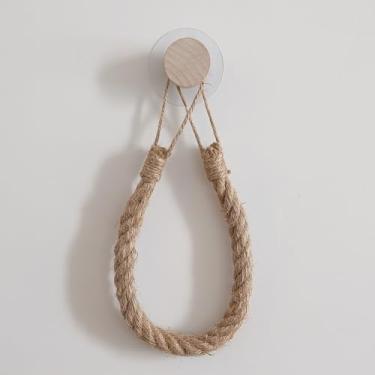 Imagem de Suporte de toalha de papel higiênico de juta tecida à mão, trama de corda de madeira maciça, suporte de armazenamento de toalhas de tecido de fibra natural, suporte criativo sem perfuração na parede