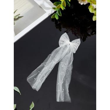Imagem de 1 véu de noiva de poliéster Bowkont, presilhas de cabelo brancas com laço grande com pérola de plástico e clipes de ferro para mulheres e meninas em festas de casamento, viagens na praia, 48 x 16 x 2