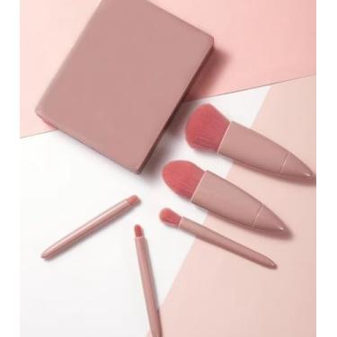 Imagem de Conjunto de 5 pincéis de maquiagem portátil para viagem, corretivo, sombra, blush, kit com estojo espelhado