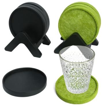 Imagem de EVERBBKING Conjunto de 8 porta-copos de madeira de acácia com suportes, 4 de madeira de acácia e 4 almofadas de feltro absorventes, mesa de centro de 10 cm, casa, escritório, bar, oferece proteção de