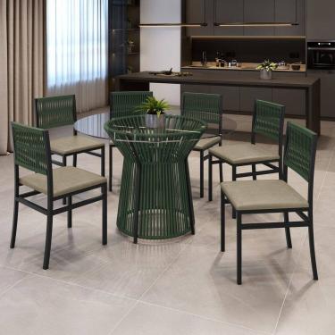 Imagem de Conjunto Sala de Jantar Mesa Redonda Tampo de Vidro Valência 120cm com 6 Cadeiras Barcelona Verde/Pérola