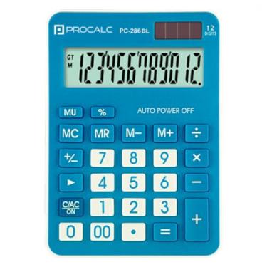 Imagem de Calculadora de Mesa Procalc, 12 Dígitos solar e bateria, cor Azul