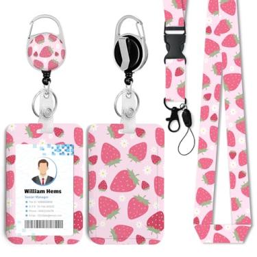 Imagem de Porta-crachá de identificação de morango com cordão breakaway e carretel retrátil resistente - chaveiro mosquetão giratório de 360° para mulheres, estudantes, professores, enfermeiros, uso no