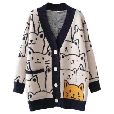 Imagem de Casaco ebossy Kawaii Cardigan Cat Cardigan feminino azul GG