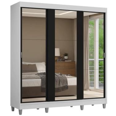 Imagem de Guarda-roupa Casal com Pés 3 Portas de Correr de Espelho Branco/preto Reno Madesa