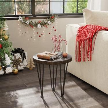 Imagem de Fun Memories Mesa de centro redonda - Mesa de assentamento de madeira de olmo com pernas de metal e base antiderrapante para pés - Mesas de canto rústicas para sala de estar e quarto - 35,5 cm P x