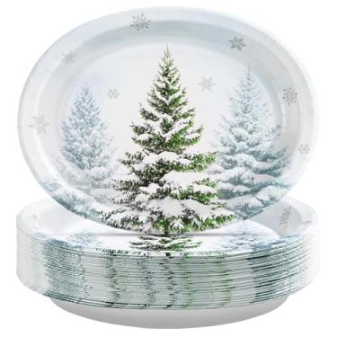 Imagem de 50 peças de pratos ovais de Natal, 25,4 x 30,5 cm, grandes, descartáveis, resistentes, floresta, pinheiro, neve, floco de neve, pratos de papel de árvore de Natal, pratos de sobremesa para inverno