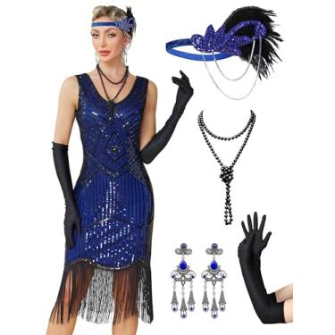 Imagem de RRYIO Vestidos melindrosa anos 20 para mulheres, mangas transparentes com contas, vestidos Gatsby, fantasias dos anos 20 com acessórios (azul, 3GG)