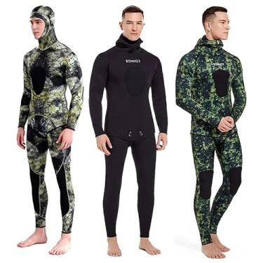 Imagem de Roupa de mergulho de neoprene de 3 mm para pesca submarina com capuz, roupa de mergulho de camuflagem de manga comprida com almofada de peito para mergulho em água fria, mergulho livre (azul, grande)