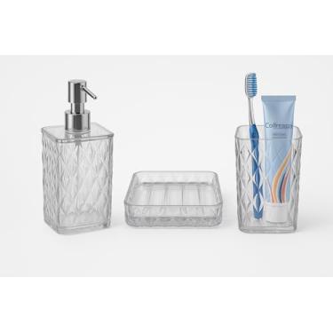 Imagem de Kit Banheiro com Saboneteira, Porta Escova E Sabonete Líquido (285ml) - Organização e praticidade