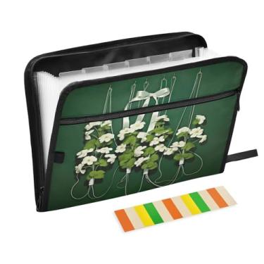 Imagem de Wassud Pasta organizadora de arquivos de papel A4 para decoração de flores brancas com etiquetas pasta de arquivo expansível com 13 bolsos