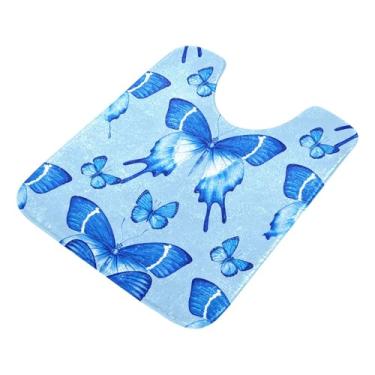 Imagem de Burbuja Tapete de banheiro Blue Butterfles, tapete de banho macio absorvente de pelúcia, base antiderrapante para piso de banheiro, oval em forma de U