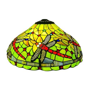 Imagem de Cúpula de reposição Tiffany de 40 cm (16 polegadas) em vitral verde e vermelho com libélula. Cúpula decorativa vintage para abajur de mesa, de chão, pendente e luminária de teto.