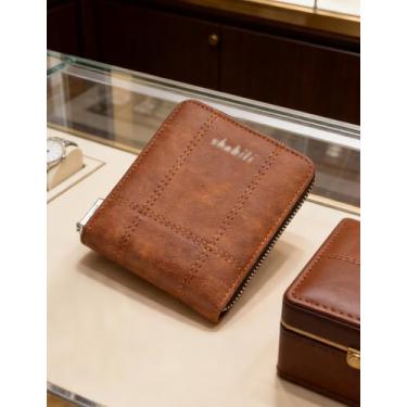 Imagem de Carteira masculina de couro curta com zíper, bolsa de moedas casual clássica com zíper (marrom claro)