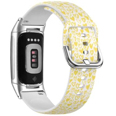Imagem de MRAKPLGE Pulseira de relógio esportivo, padrão de corações amarelos, compatível com FitBit Charge 6 e Fitbit Charge 5, pulseira de silicone macio de substituição