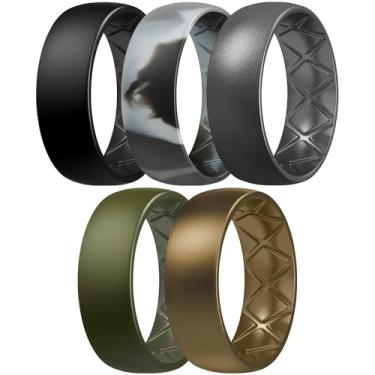 Imagem de Egnaro Anéis de silicone masculinos de 8 mm de largura e 2,5 mm de espessura, multipack de alianças de casamento ergonômicas de borracha para ele, sulcos respiráveis para treino, 8.5-9, Silicone, Sem