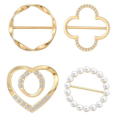 Imagem de Xinjoduz 4 peças de anéis de cachecol e slides para cachecóis, 4 estilos de laços de camiseta anéis para roupas femininas, clipes de camisa de círculo redondo de metal moderno fivela botão de nó de