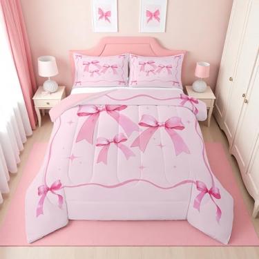 Imagem de Erosebridal Jogo de cama solteiro com laço rosa para meninas | Conjunto de edredom com laço de fita rosa para crianças, adolescentes, kawaii, gravata borboleta, decoração de quarto de princesa, 1