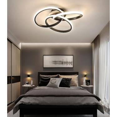 Imagem de Luminária de teto LED moderna com intensidade regulável, controle remoto e design moderno para quarto, cozinha, corredor, sala de estar, escritório ou sala de estudos (preta, Ø52cm).