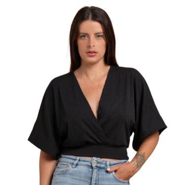 Imagem de Blusa Manga Morcego Cropped Feminino Decote V Canelada Soltinha Manga 