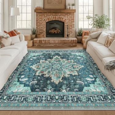 Imagem de RELEANY Tapete quadrado quadrado de 2,4 m, lavável, antiderrapante, floral, vintage, estampado, medalhão para sala de estar, quarto, sala de jantar, verde-petróleo, azul lago turquesa
