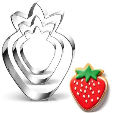 Imagem de Conjunto de 3 peças de cortadores de biscoito de morango em aço inoxidável cortadores em forma de morango para assar biscoitos, massa fondant, lavável na máquina de lavar louça, com tamanhos 8,5 6 cm