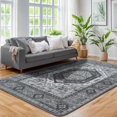 Imagem de LBRO2M Boho Tapete lavável 15 x 23 cm para quarto, tapetes de interior com pilhas baixas, tapetes antiderrapantes macios para sala de estar, sala de jantar, tapete cinza escuro dobrável para animais