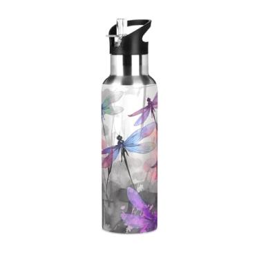 Imagem de Wassud Garrafa de água colorida libélulas de aço inoxidável esportiva garrafa de água com isolamento de canudo copo portátil de viagem 947 ml