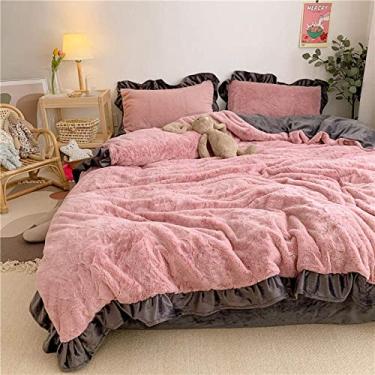 Imagem de Conjunto de lençóis de pelúcia de flanela de veludo cor sólida grossa e quente jogo de cama com babados capa de edredom de pelúcia curta fronhas de linho de cama - renda bege_tamanho casal 4 peças