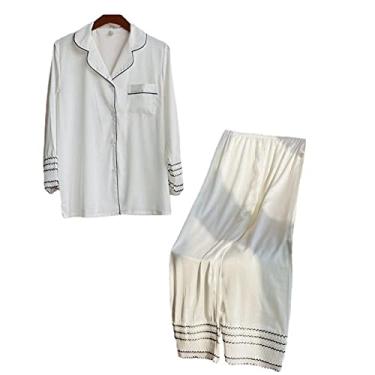 Imagem de HHHJQFAAT Pijama feminino de duas peças com botões e decote em V, calças de dormir, roupa de dormir, casual, roupa de dormir, G, branco