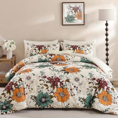 Imagem de Xruibed Conjunto de edredom floral, tamanho Queen, 7 peças, cama laranja bege em uma bolsa, conjunto de edredom boêmio com lençol, fronhas, fronhas de microfibra macia para todas as estações (Queen