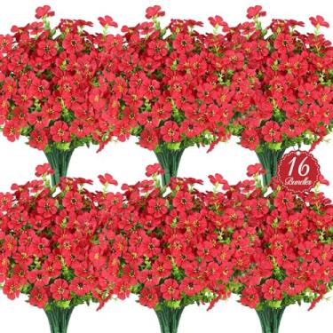 Imagem de AmberFun 16 peças de flores artificiais para atividades ao ar livre, flores de seda falsas realistas para o exterior, plantas de eucalipto falsas que não desbotam para vasos ao ar livre, caixa de