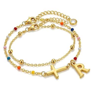 Imagem de KummerSaprk Pulseira feminina com letras cruzadas, inicial dourada, corrente ajustável, pulseira religiosa com contas mínimas para uso diário e ocasiões inspiradas na fé, Large, Zinco, Sem Pedra