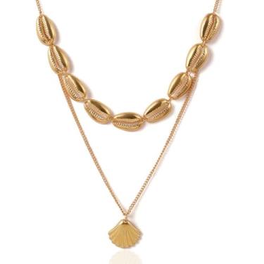 Imagem de FLORA Colar feminino dourado com pingente de concha e vieira gargantilha de camada dupla colar de metal moderno e versátil