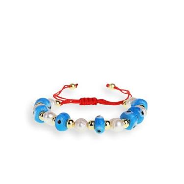 Imagem de Agriajun Pulseiras ajustáveis com contas de olho turco de pérola dourada para mulheres, meninas, feitas à mão, boêmio, pérolas de água doce, pulseira trançada de corda vermelha, moda, amizade, praia,