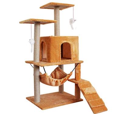 Imagem de U5GAAALPPQ9 Cat Clim Tree 2 plataforma suporte para árvore de gato, torre de atividades, móveis de casa de gatinho com postes de arranhar cobertos de sisal e brinquedos pendurados para ratos